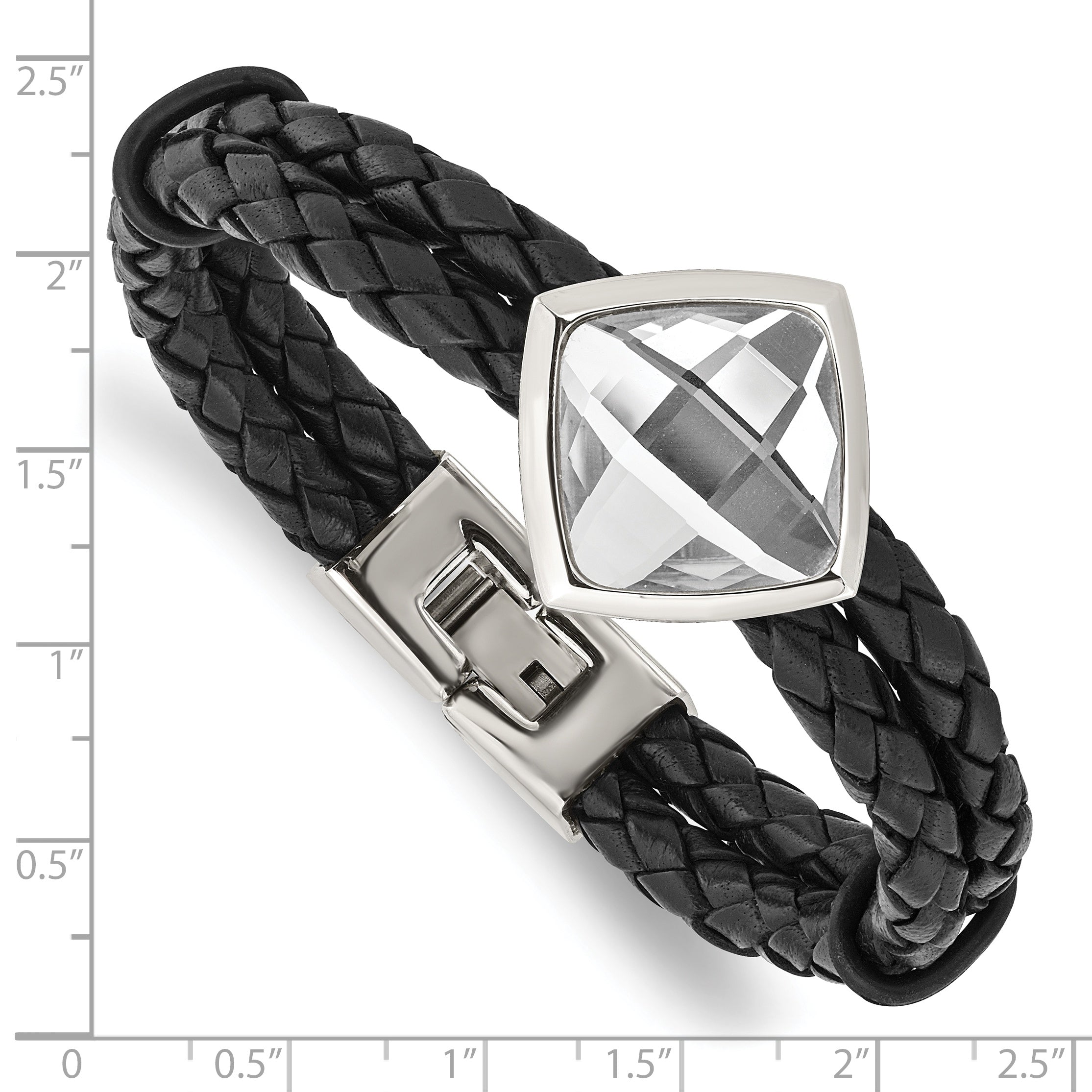 Stainless Steel Polished with Glass Stone Braided Leather Bracelet for Women