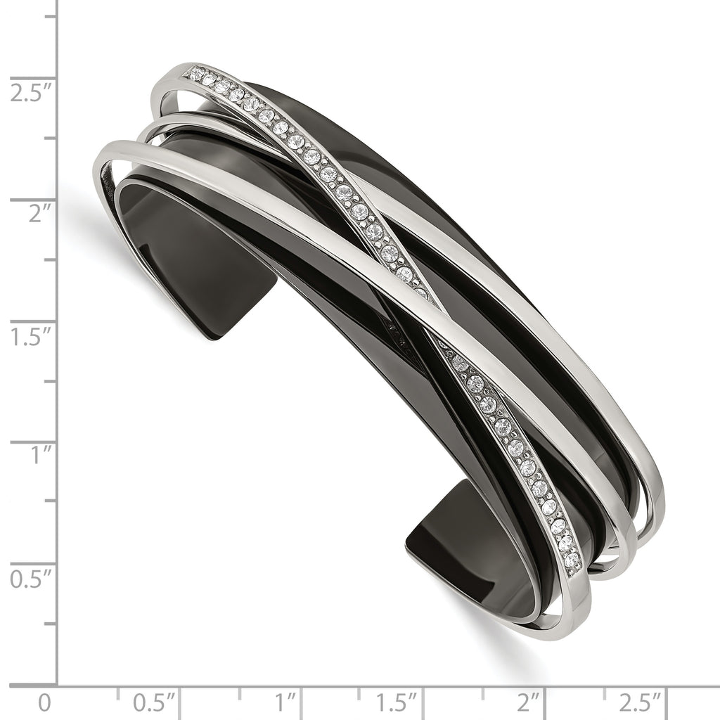 Stainless Steel Polished Black IP-plated with Crystals Layered Cuff Bangle Bracelet for Women