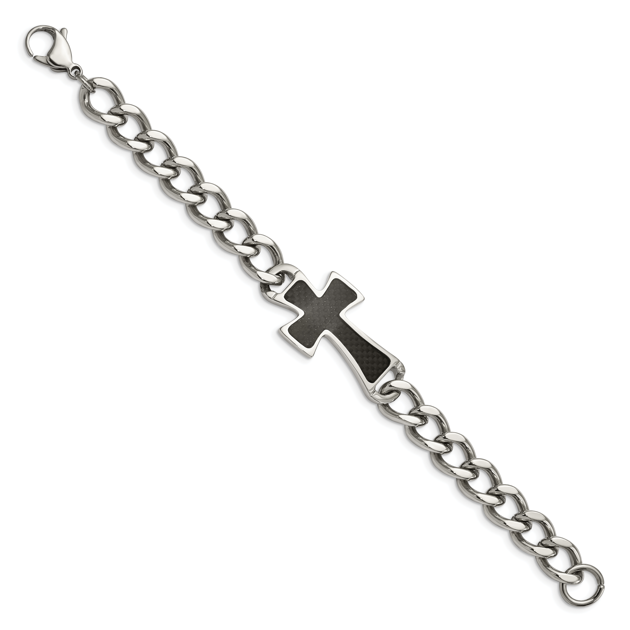 Stainless Steel Polished with Black Carbon Fiber Inlay Cross Bracelet for Men