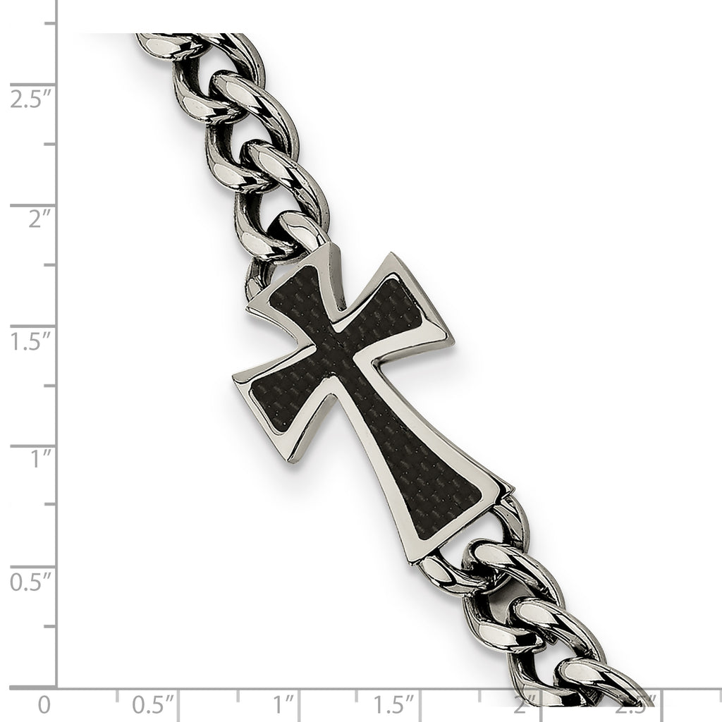 Stainless Steel Polished with Black Carbon Fiber Inlay Cross Bracelet for Men