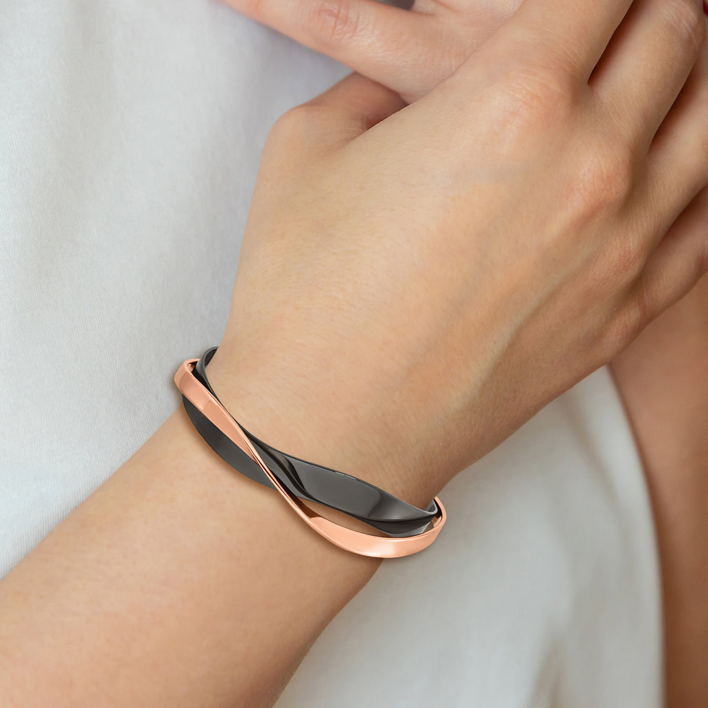 Stainless Steel Polished Black and Rose IP-plated Layered and Twisted Cuff Bangle Bracelet for Women