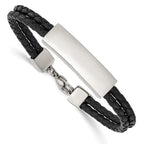 Stainless Steel Polished Black Leather 2 Strand ID Bracelet