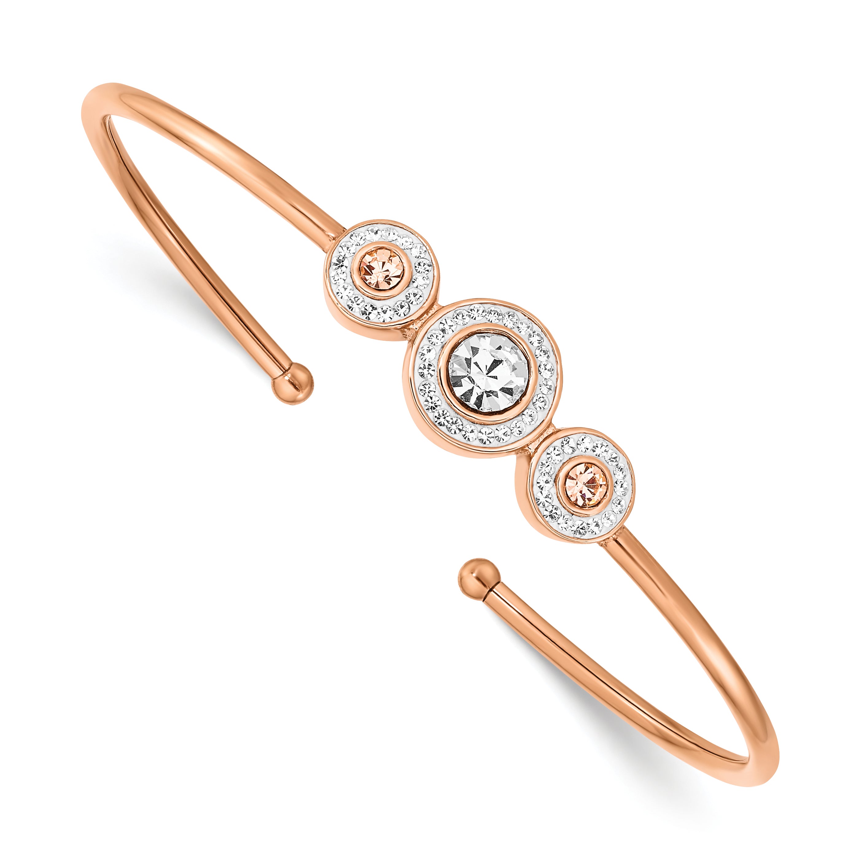 Stainless Steel Polished Rose IP-plated with Preciosa Crystal Flexible Cuff Bangle Bracelet for Women