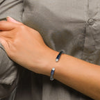 Stainless Steel Brushed and Polished Blue/Dark Grey IP-plated Black Leather Flexible Cuff Bangle Bracelet