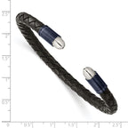 Stainless Steel Brushed and Polished Blue/Dark Grey IP-plated Black Leather Flexible Cuff Bangle Bracelet