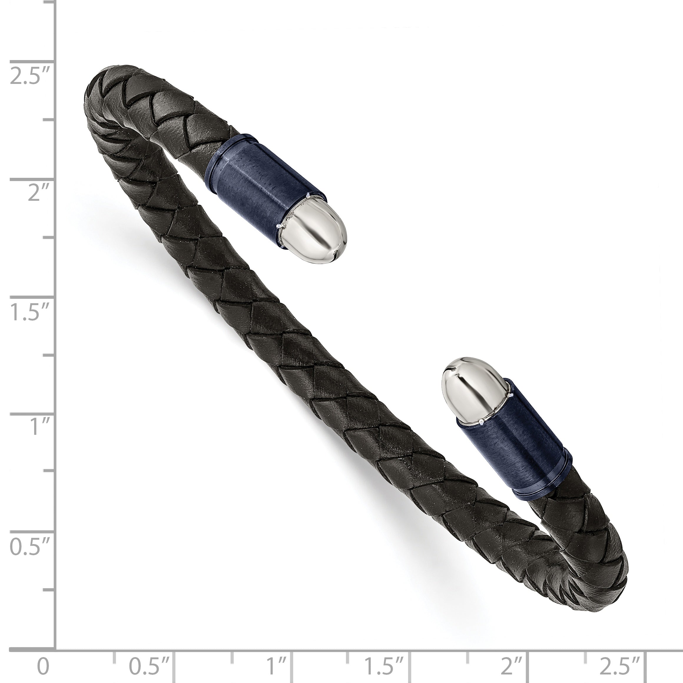 Stainless Steel Brushed and Polished Blue/Dark Grey IP-plated Black Leather Flexible Cuff Bangle Bracelet