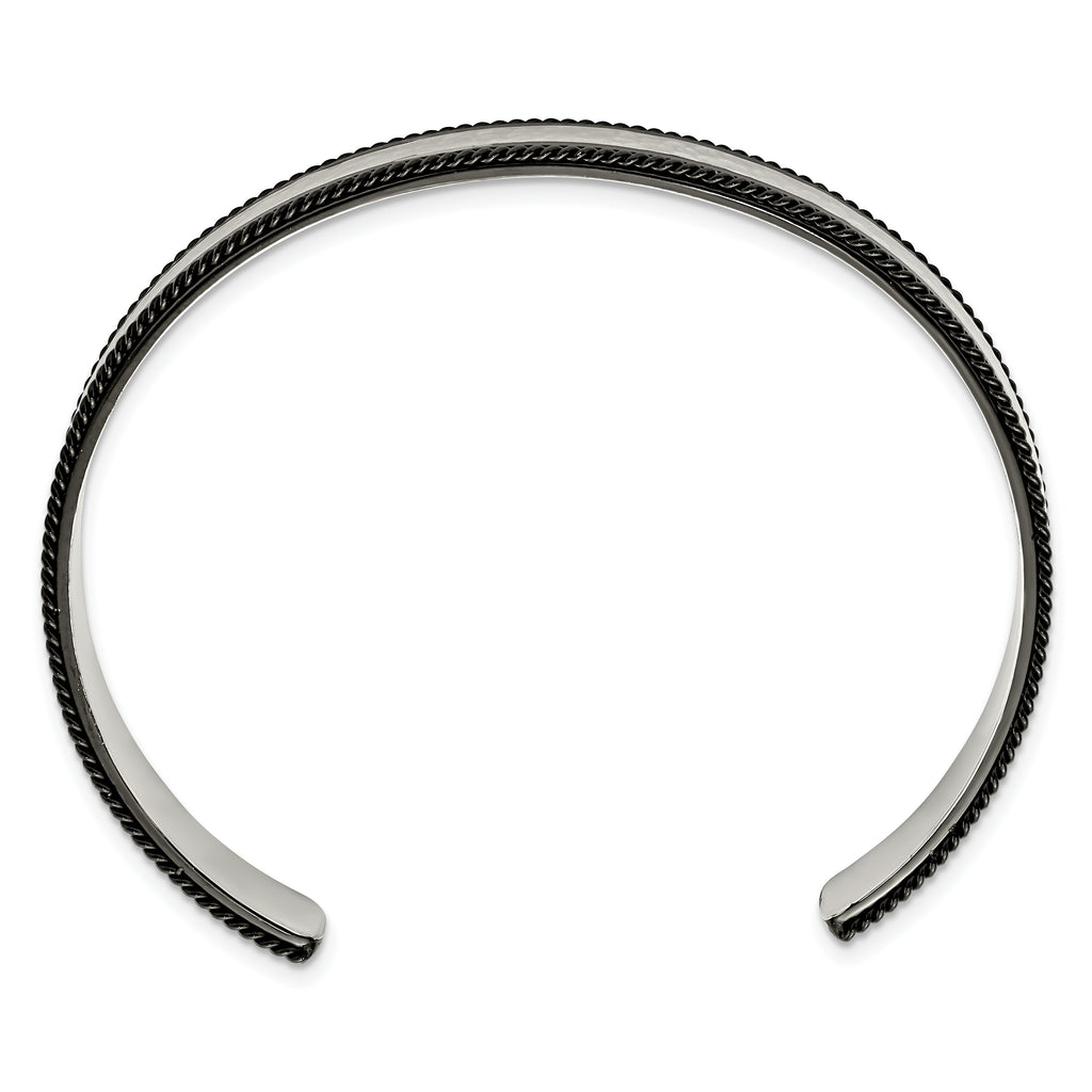 Stainless Steel Brushed Polished and Hammered Black IP-plated Wire Edge Cuff Bangle Bracelet