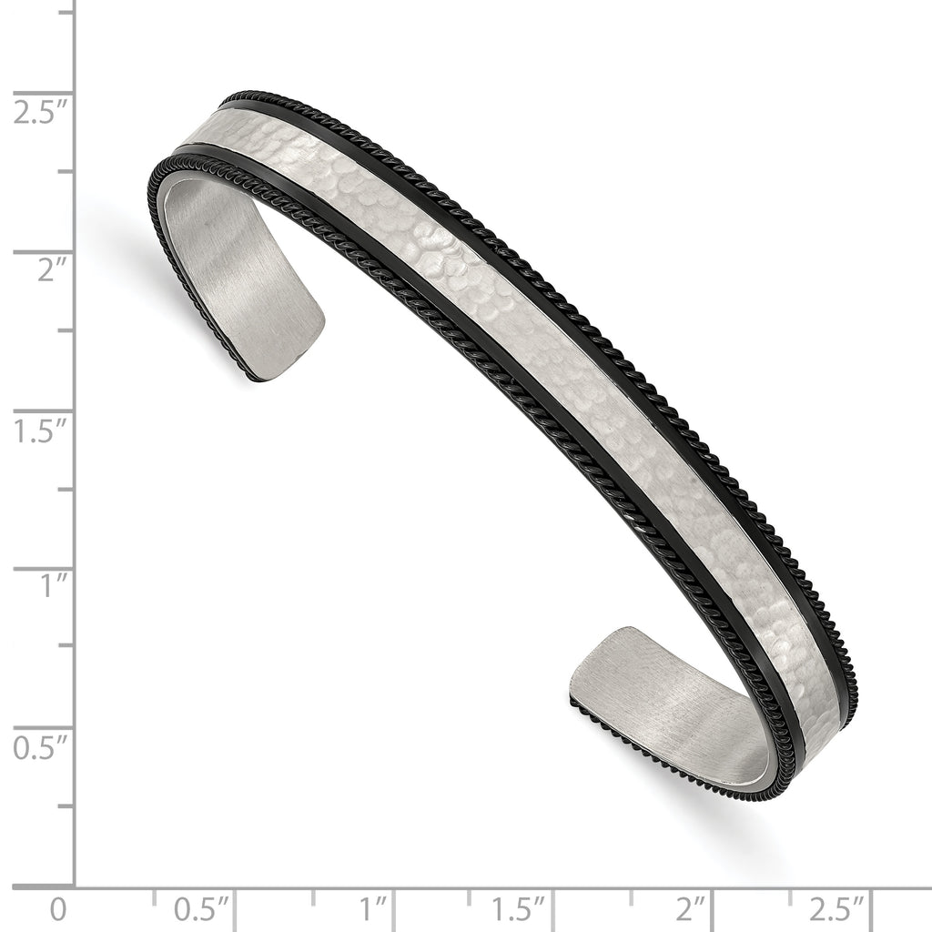 Stainless Steel Brushed Polished and Hammered Black IP-plated Wire Edge Cuff Bangle Bracelet