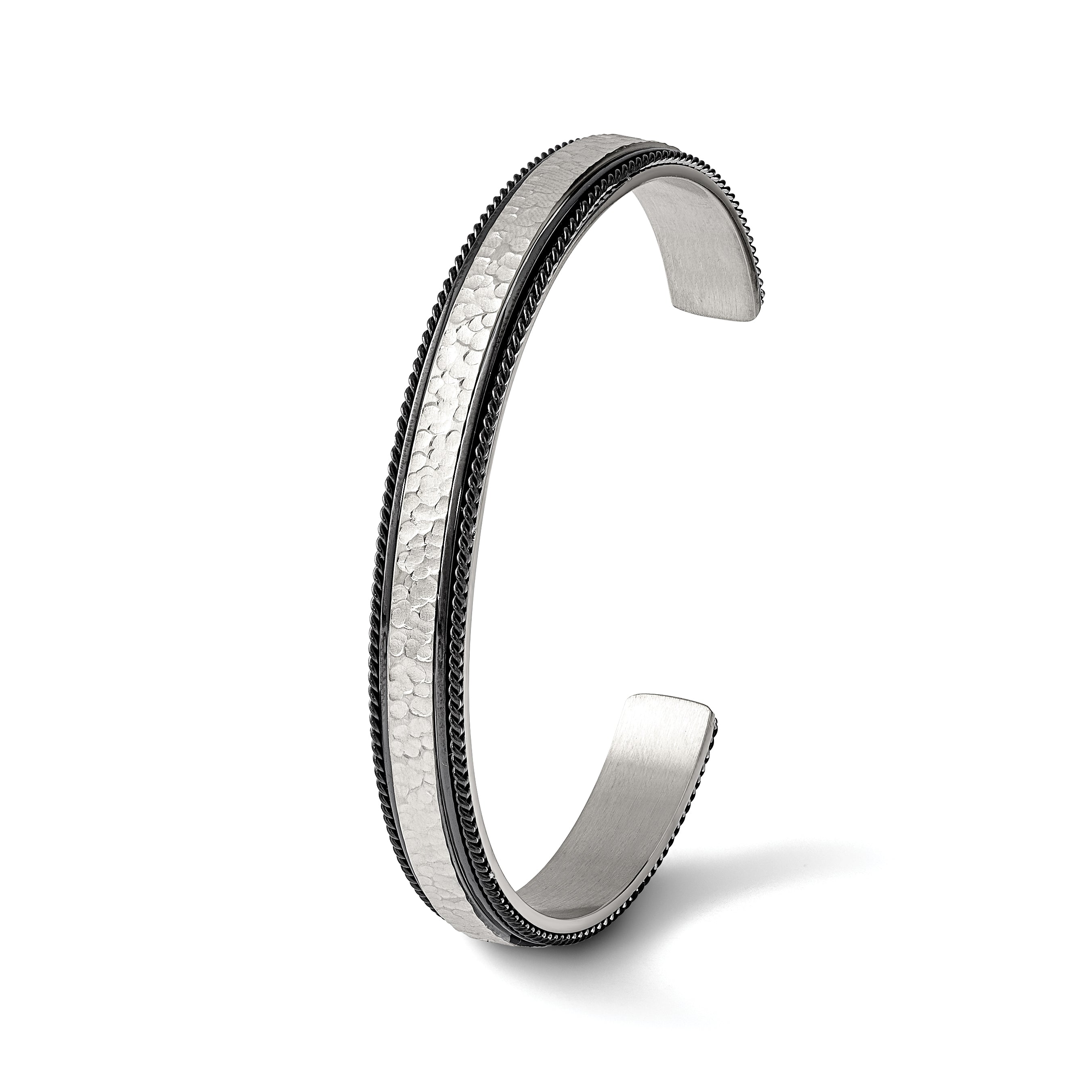 Stainless Steel Brushed Polished and Hammered Black IP-plated Wire Edge Cuff Bangle Bracelet