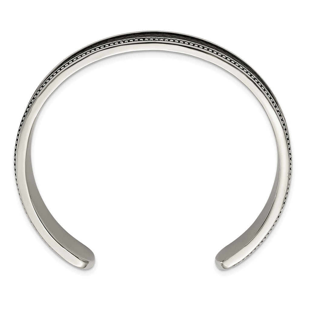 Stainless Steel Antiqued and Polished with Textured Leather Inlay 12mm Cuff Bangle Bracelet