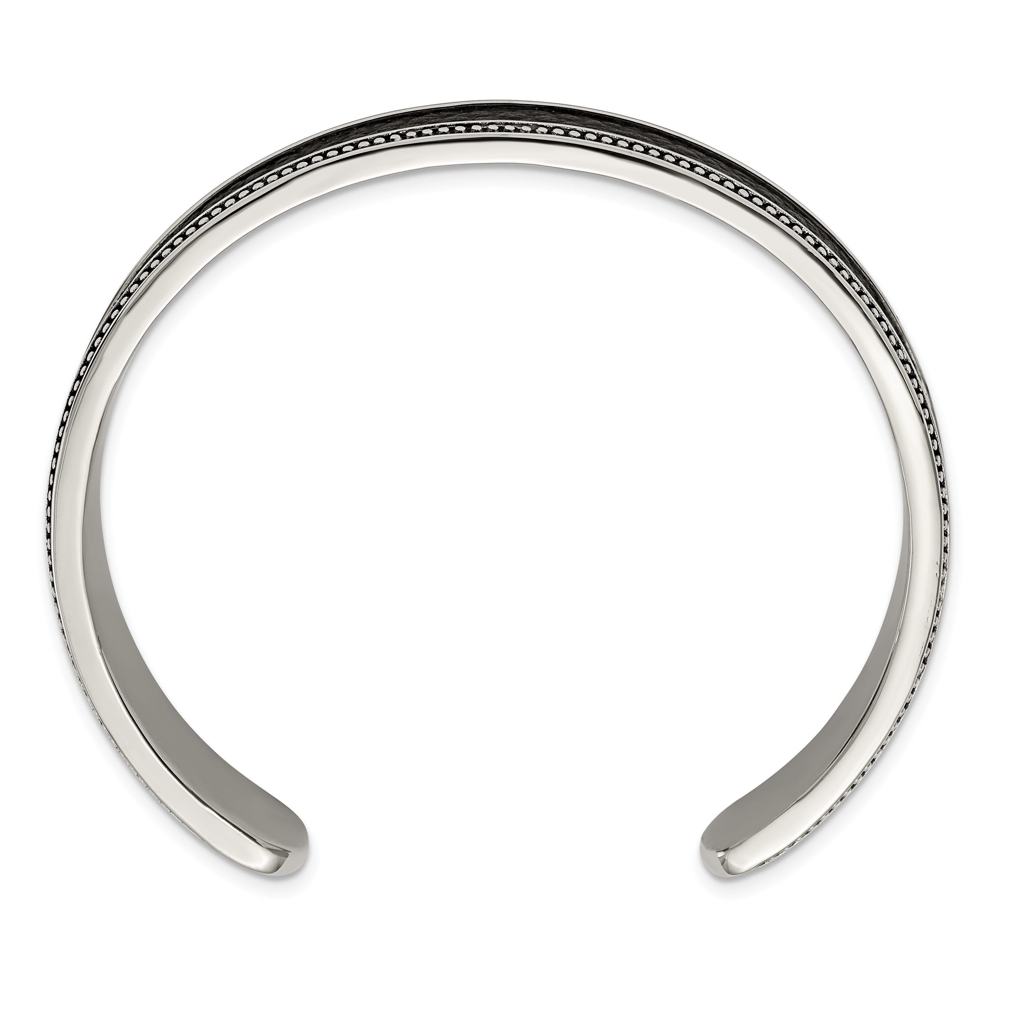 Stainless Steel Antiqued and Polished with Textured Leather Inlay 12mm Cuff Bangle Bracelet
