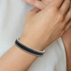 Stainless Steel Antiqued and Polished with Textured Leather Inlay 12mm Cuff Bangle Bracelet