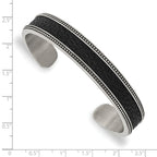 Stainless Steel Antiqued and Polished with Textured Leather Inlay 12mm Cuff Bangle Bracelet