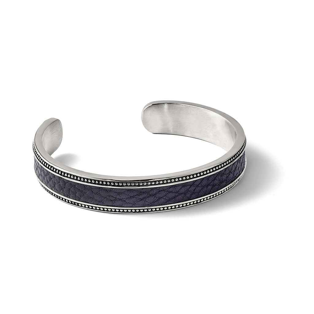 Stainless Steel Antiqued and Polished with Textured Leather Inlay 12mm Cuff Bangle Bracelet