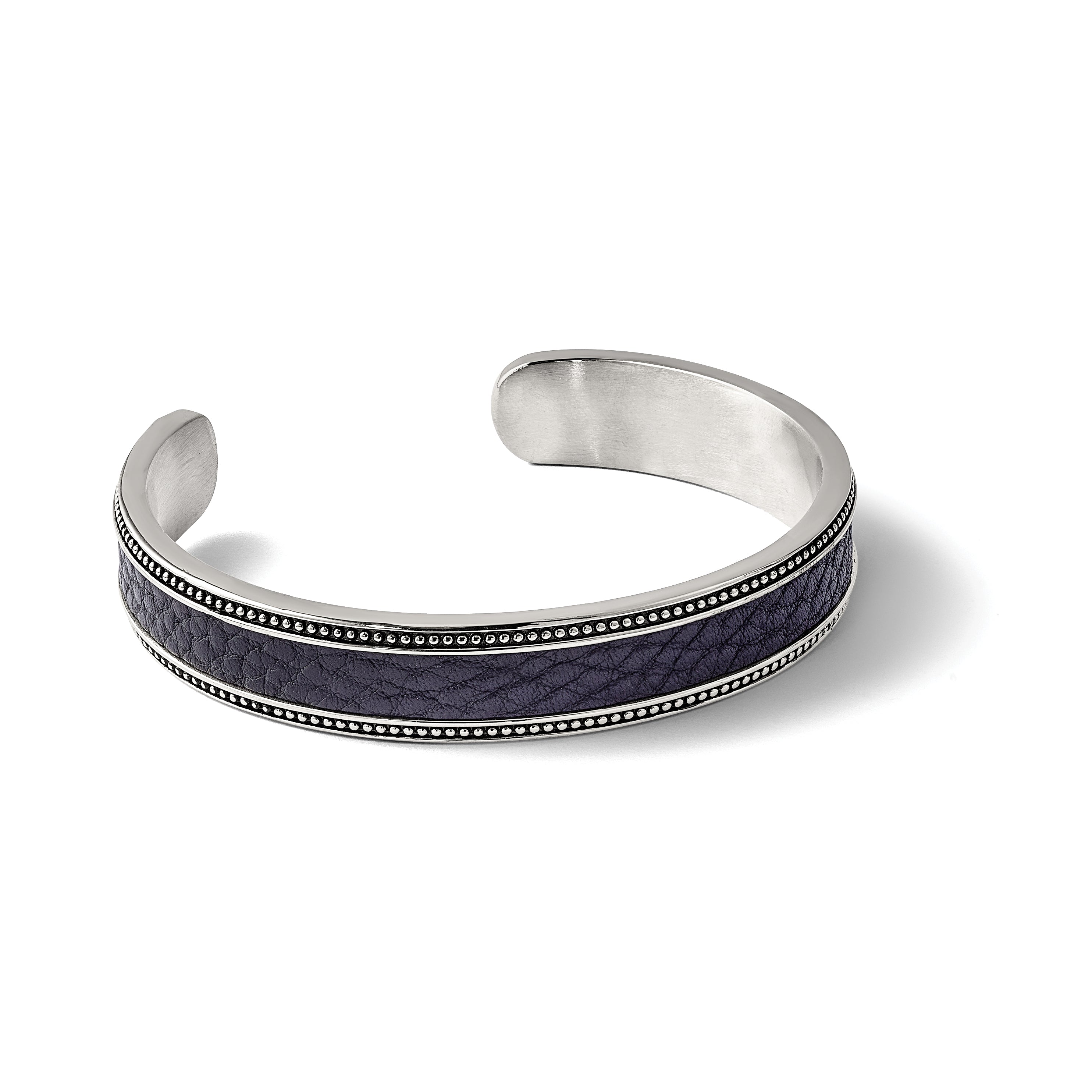 Stainless Steel Antiqued and Polished with Textured Leather Inlay 12mm Cuff Bangle Bracelet