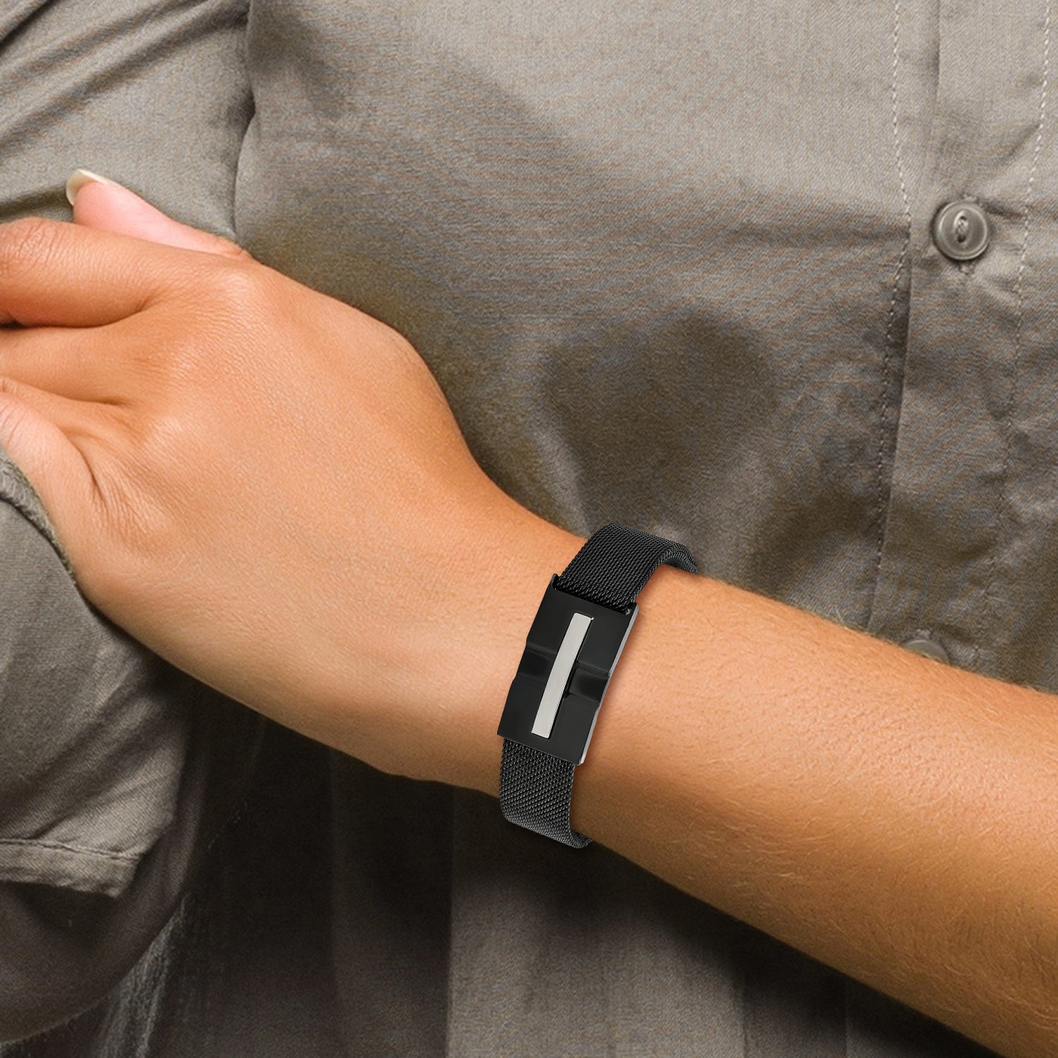 Stainless Steel Polished Black IP-plated Mesh Adjustable Magnetic Clasp Bracelet