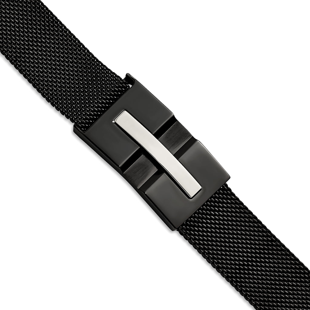 Stainless Steel Polished Black IP-plated Mesh Adjustable Magnetic Clasp Bracelet