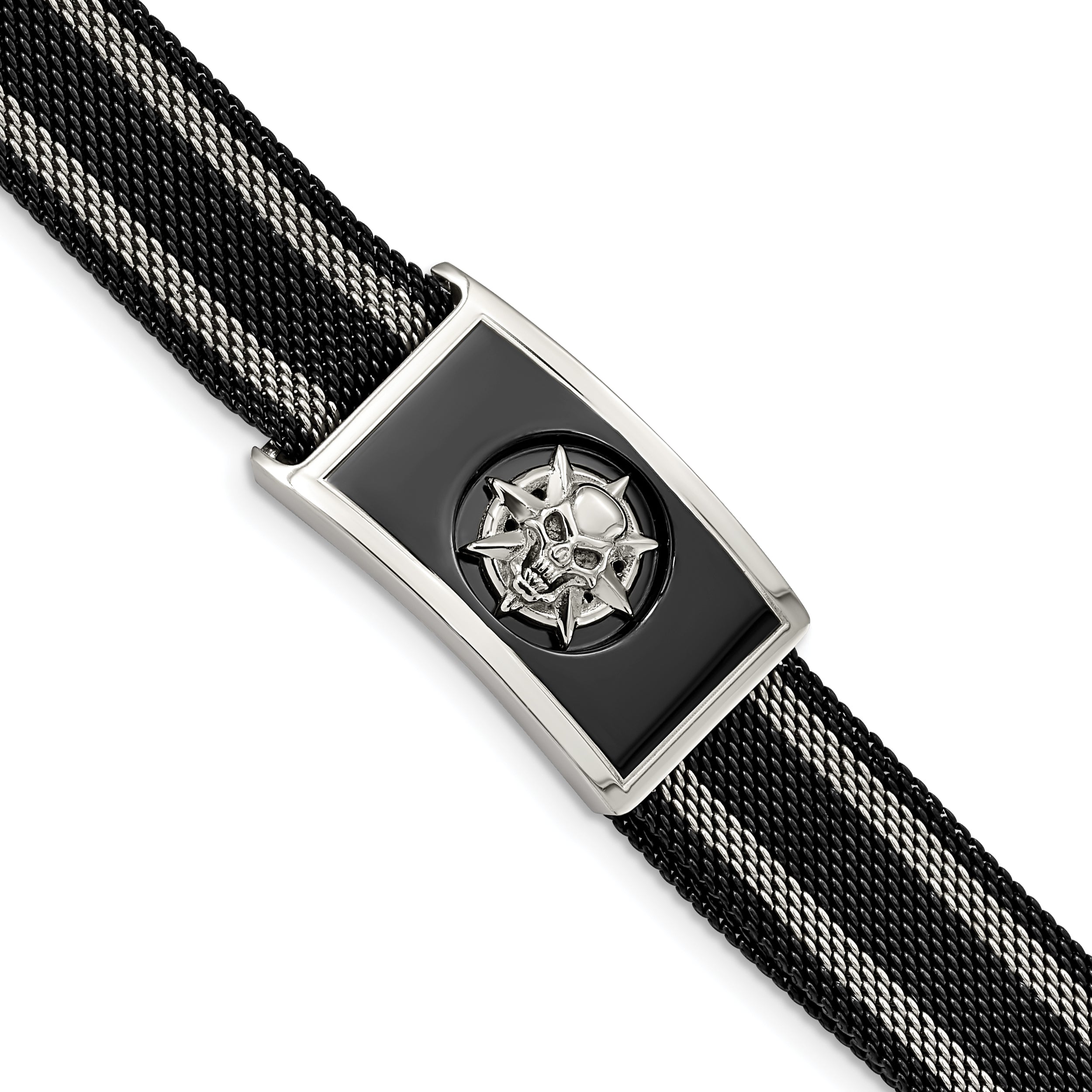 Stainless Steel Polished Black IP-plated Skull Mesh Adjustable Magnetic Clasp Bracelet Main image