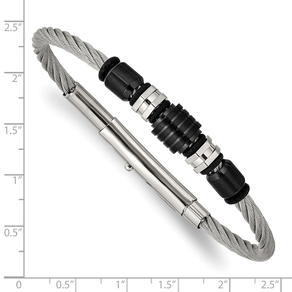 Stainless Steel Brushed and Polished Black IP-plated and Black Rubber Adjustable 8 to Bracelet