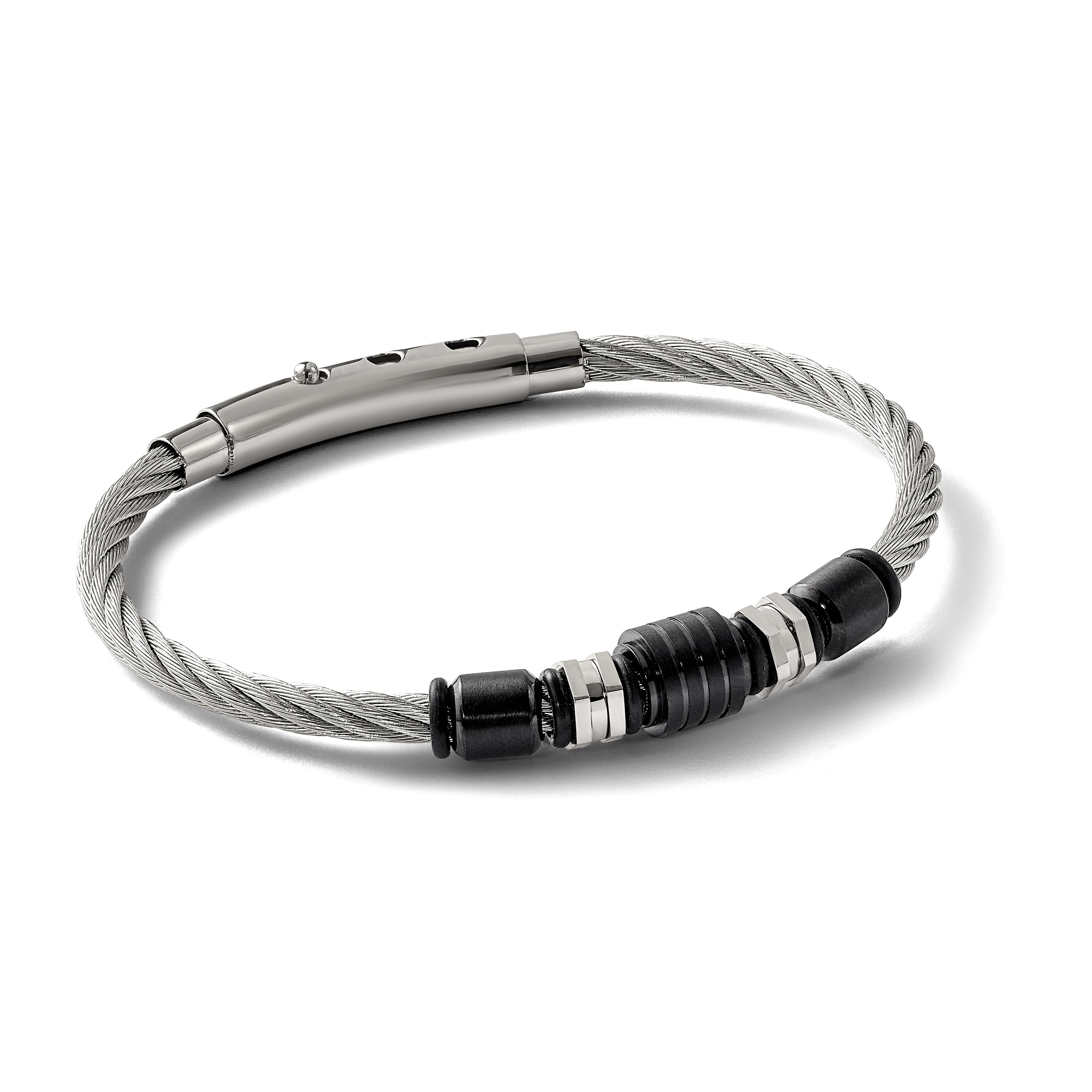Stainless Steel Brushed and Polished Black IP-plated and Black Rubber Adjustable 8 to Bracelet