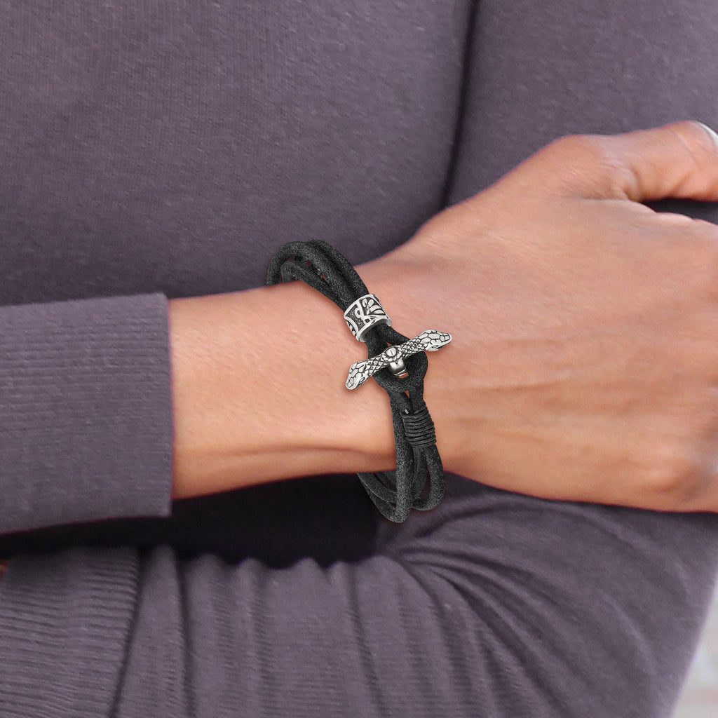 Stainless Steel Antiqued and Polished Snake Heads Black Suede Wrap Bracelet