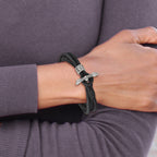 Stainless Steel Antiqued and Polished Snake Heads Black Suede Wrap Bracelet