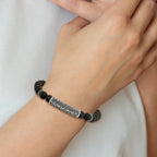 Stainless Steel Antiqued and Polished with Black Cubic Zirconia 8.5mm Agate Beaded Stretch Bracelet