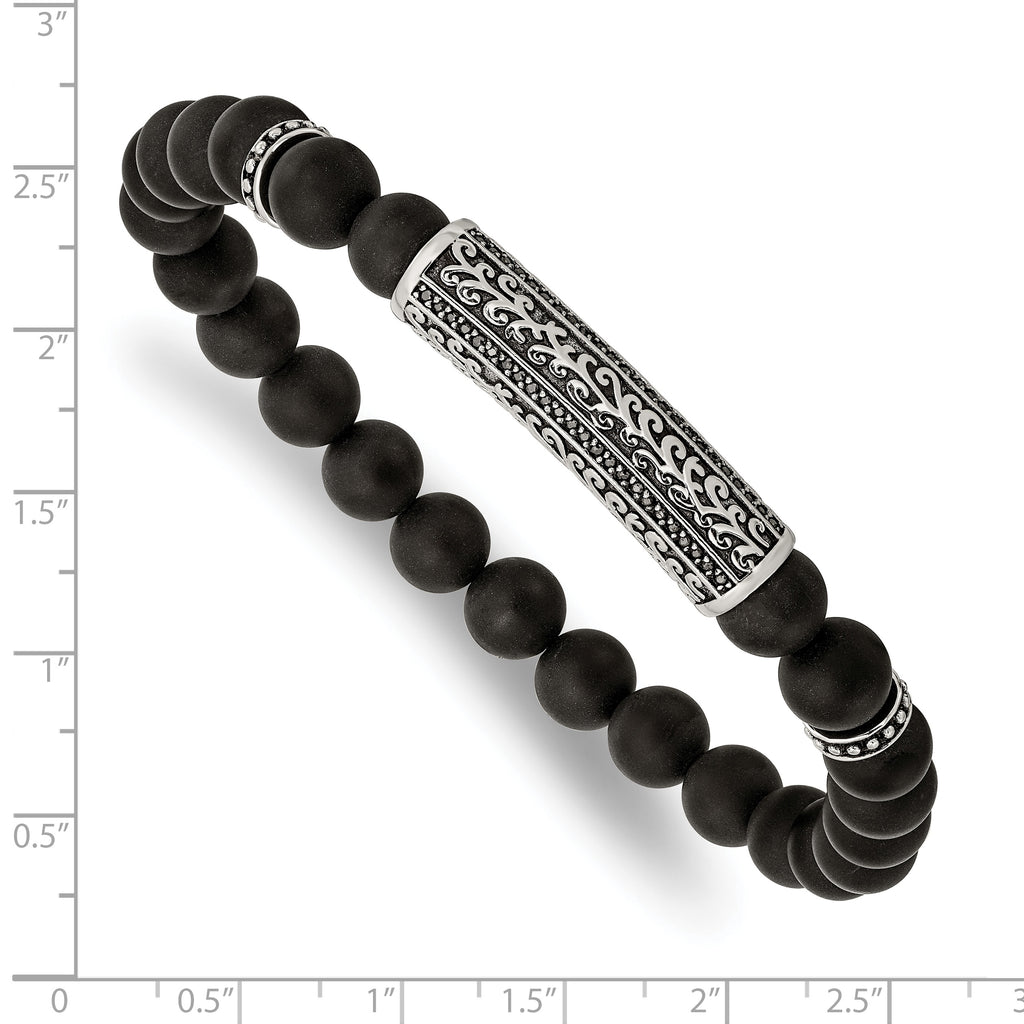 Stainless Steel Antiqued and Polished with Black Cubic Zirconia 8.5mm Agate Beaded Stretch Bracelet