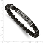 Stainless Steel Antiqued and Polished with Black Cubic Zirconia 8.5mm Agate Beaded Stretch Bracelet