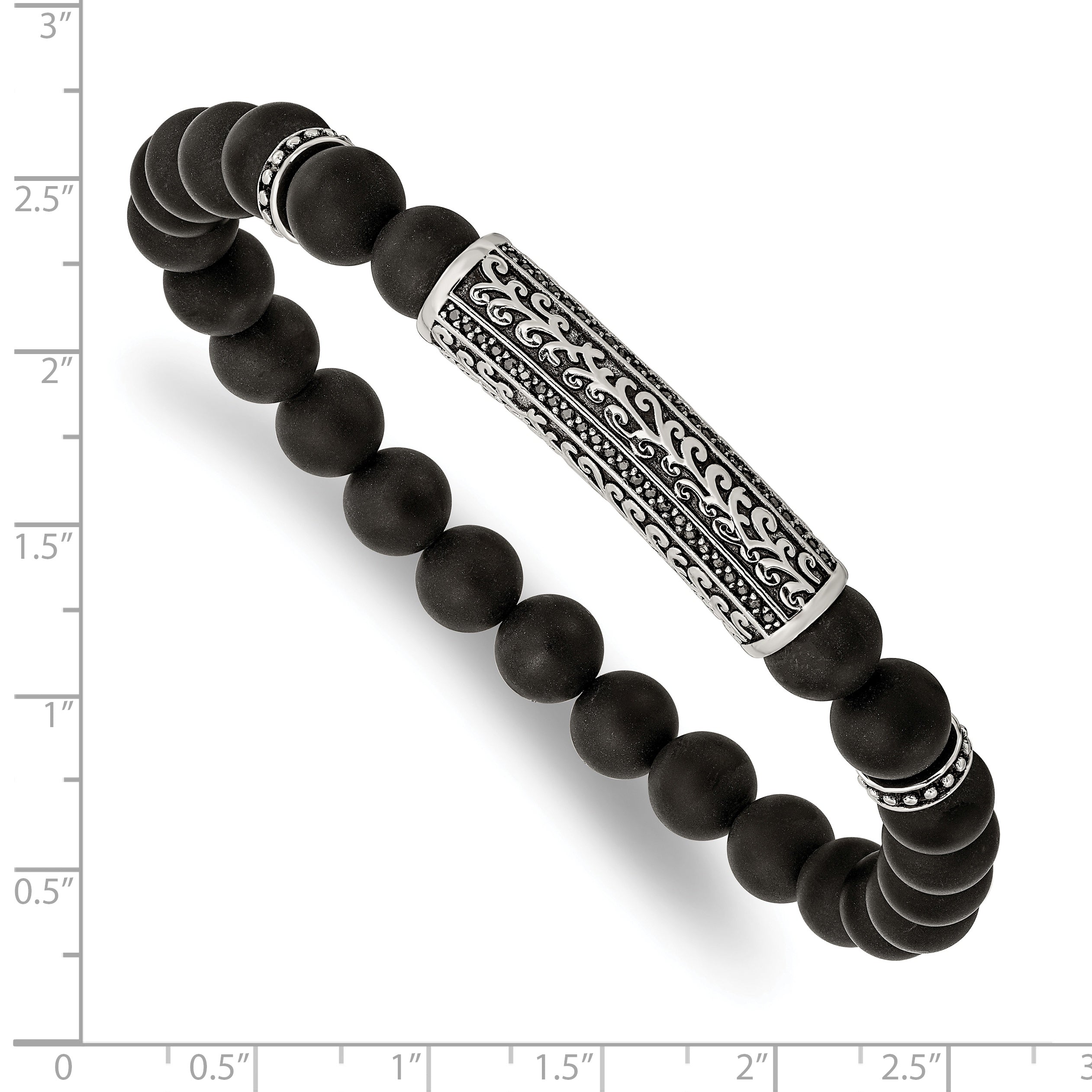 Stainless Steel Antiqued and Polished with Black Cubic Zirconia 8.5mm Agate Beaded Stretch Bracelet