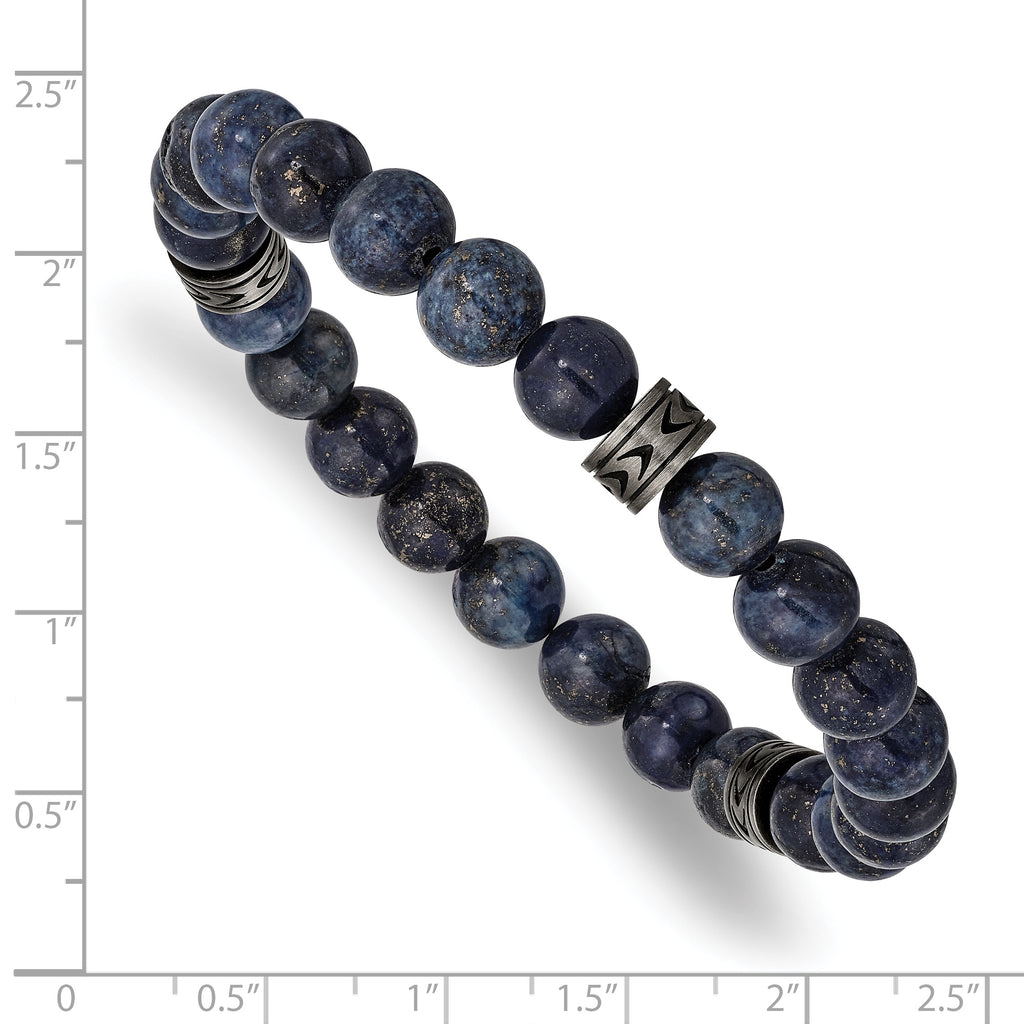 Stainless Steel Antiqued White Bronze-plated 6.5mm Lapis Beaded Stretch Bracelet