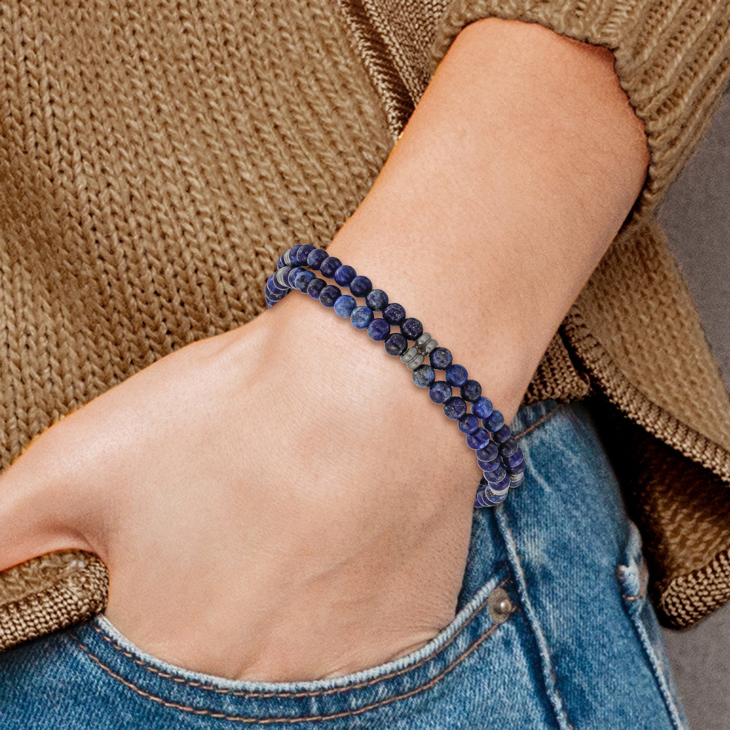 Stainless Steel Brushed and Antiqued Bronze-plated 4.5mm Lapis Beaded Stretch Bracelet