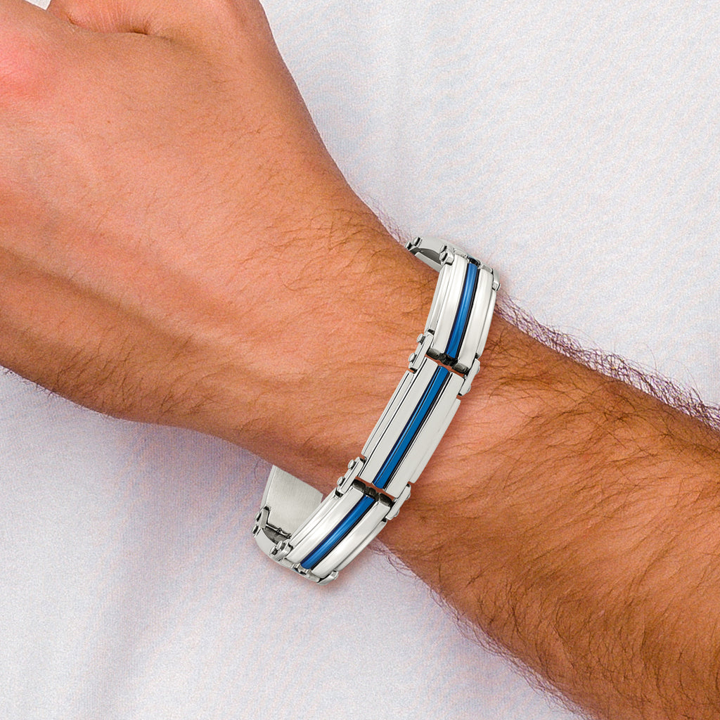 Stainless Steel Polished Blue IP-plated Link Bracelet for Men