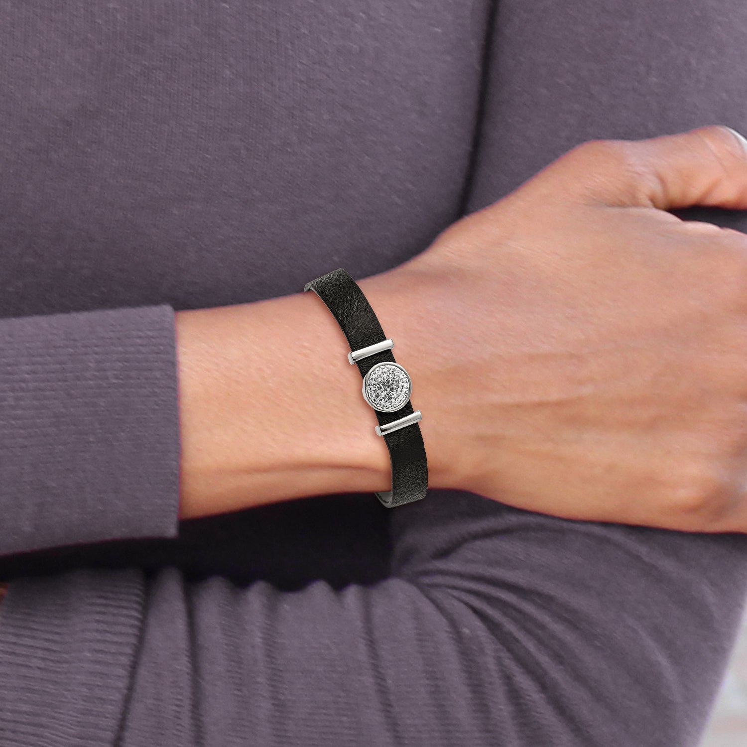 Stainless Steel Polished Leather with Preciosa Crystal with ext. Brace Bracelet for Women