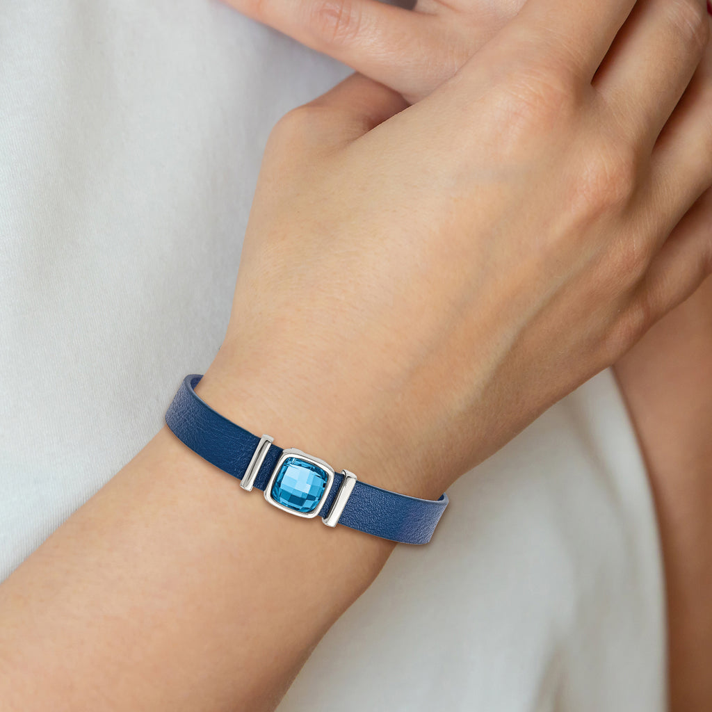 Stainless Steel Polished Blue Leather with Crystal with ext. Bracelet for Women