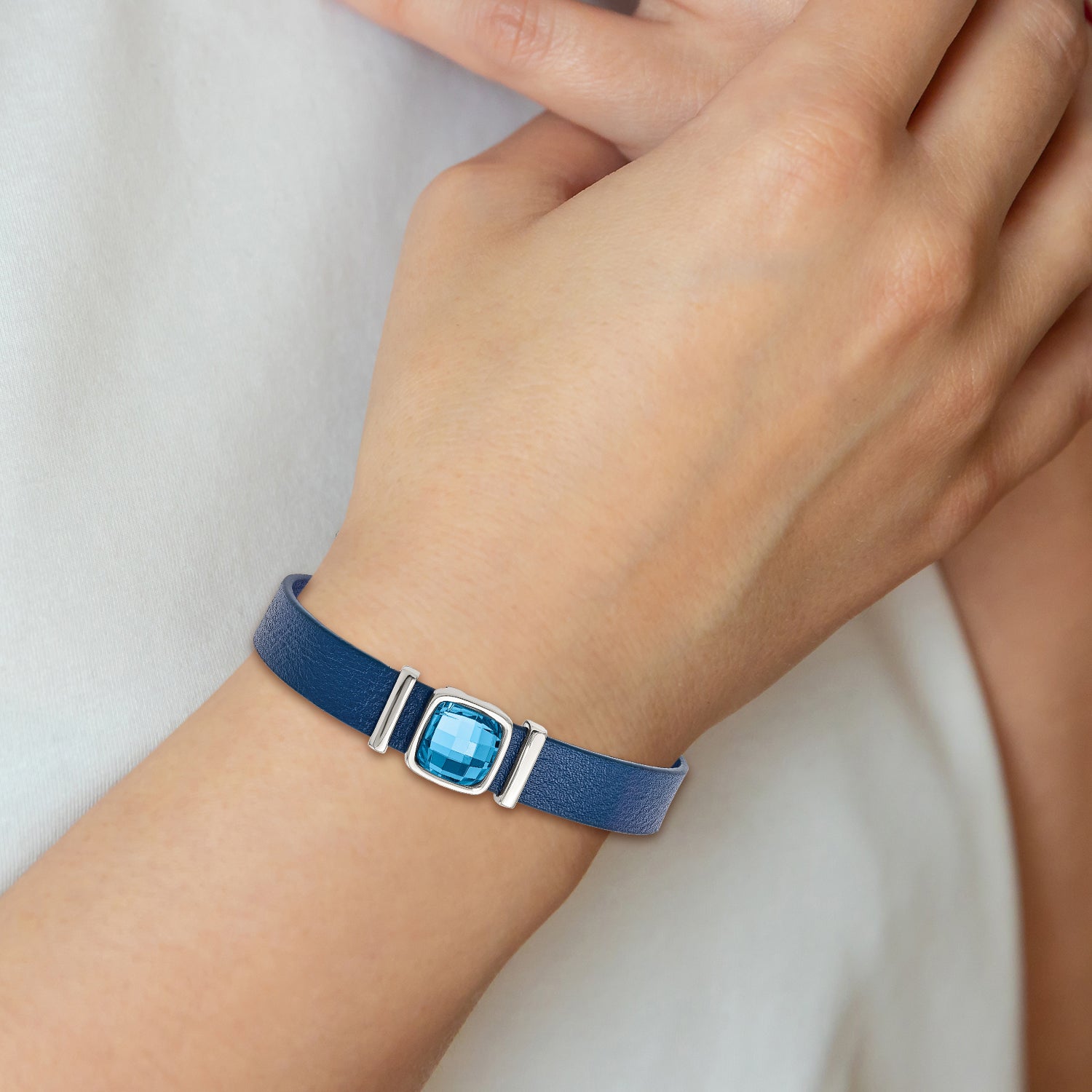Stainless Steel Polished Blue Leather with Crystal with ext. Bracelet for Women