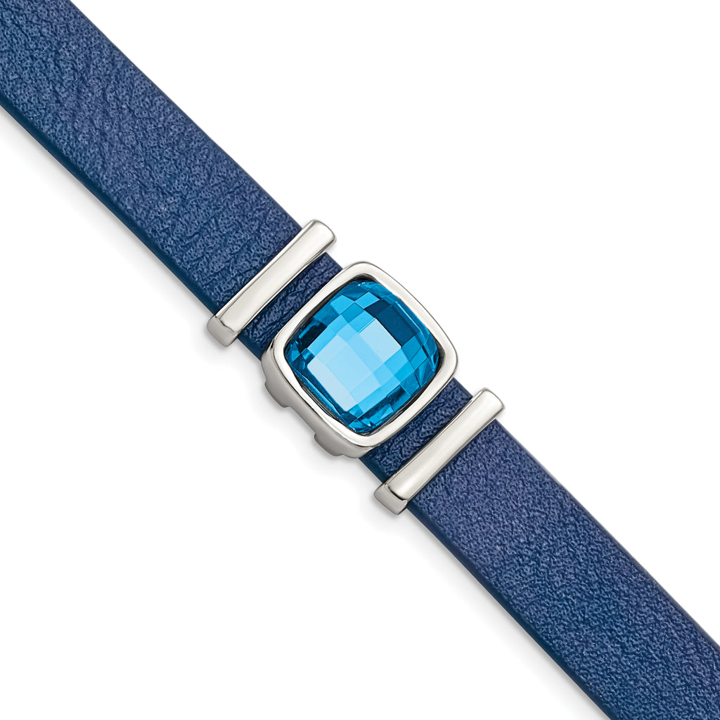 Stainless Steel Polished Blue Leather with Crystal with ext. Bracelet for Women