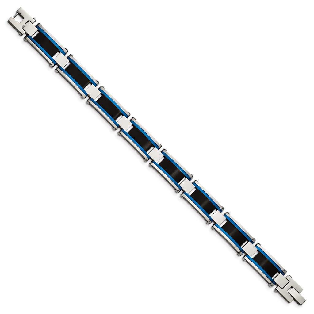 Stainless Steel Brushed and Polished Black and Blue IP-plated Link Bracelet for Men