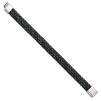 Stainless Steel Polished Braided Multi-color Wire and Black Leather Bracelet