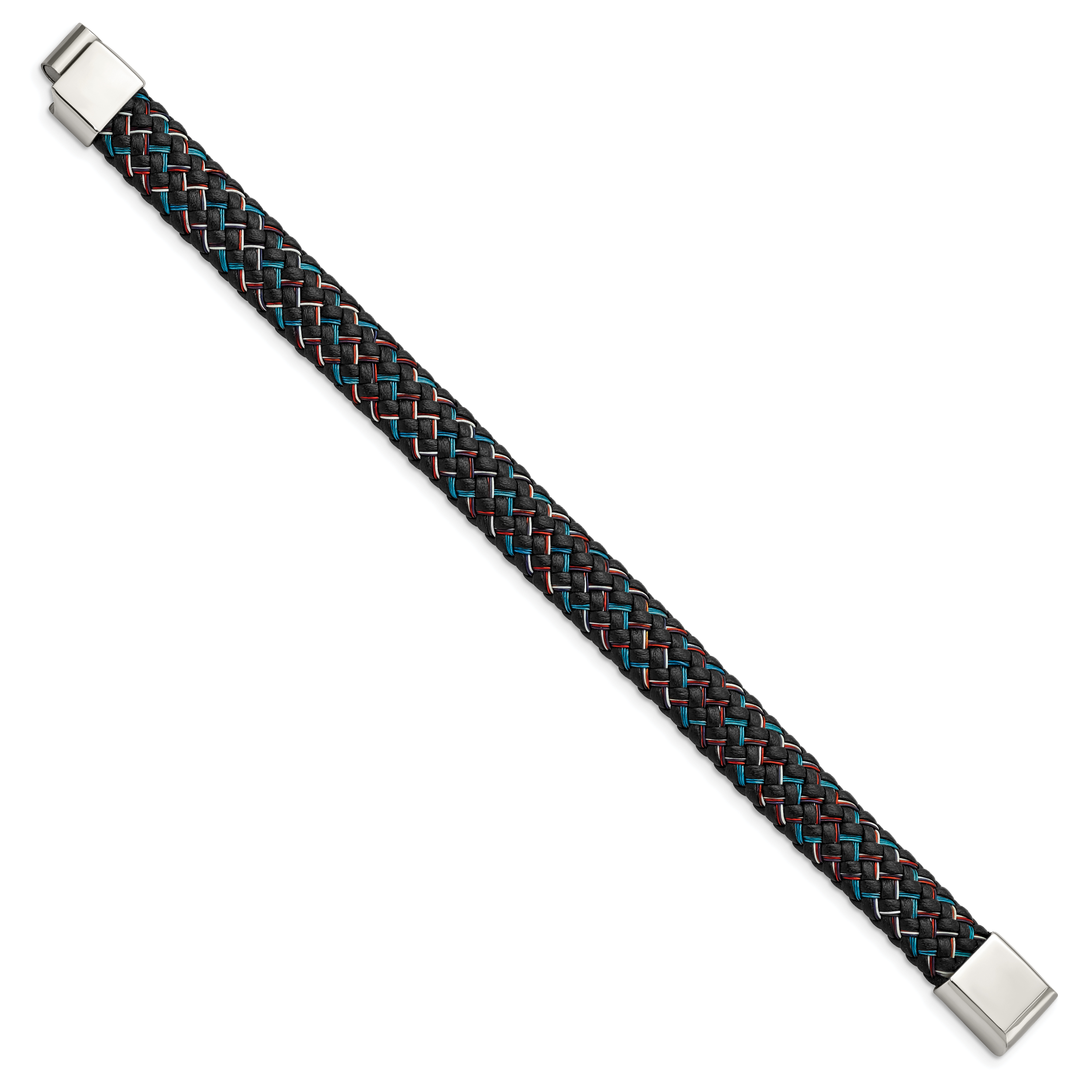 Stainless Steel Polished Braided Multi-color Wire and Black Leather Bracelet