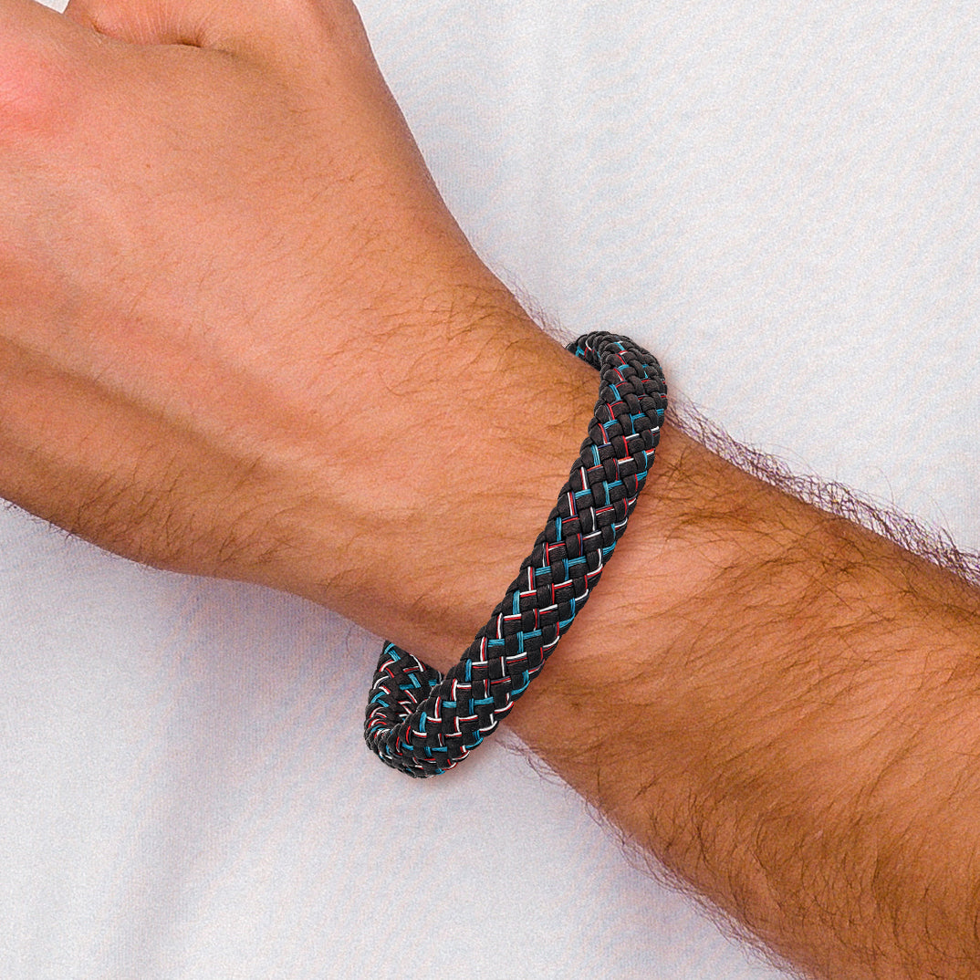 Stainless Steel Polished Braided Multi-color Wire and Black Leather Bracelet