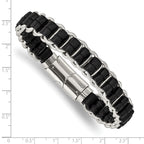 Stainless Steel Polished Black Leather Bracelet for Men