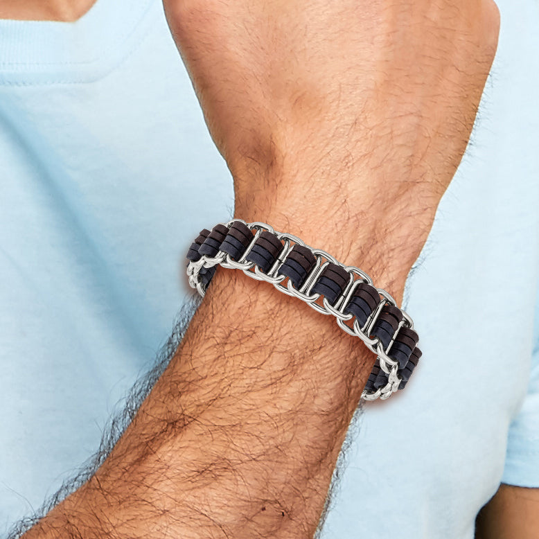 Stainless Steel Polished with Blue and Brown Leather with . ext Bracelet
