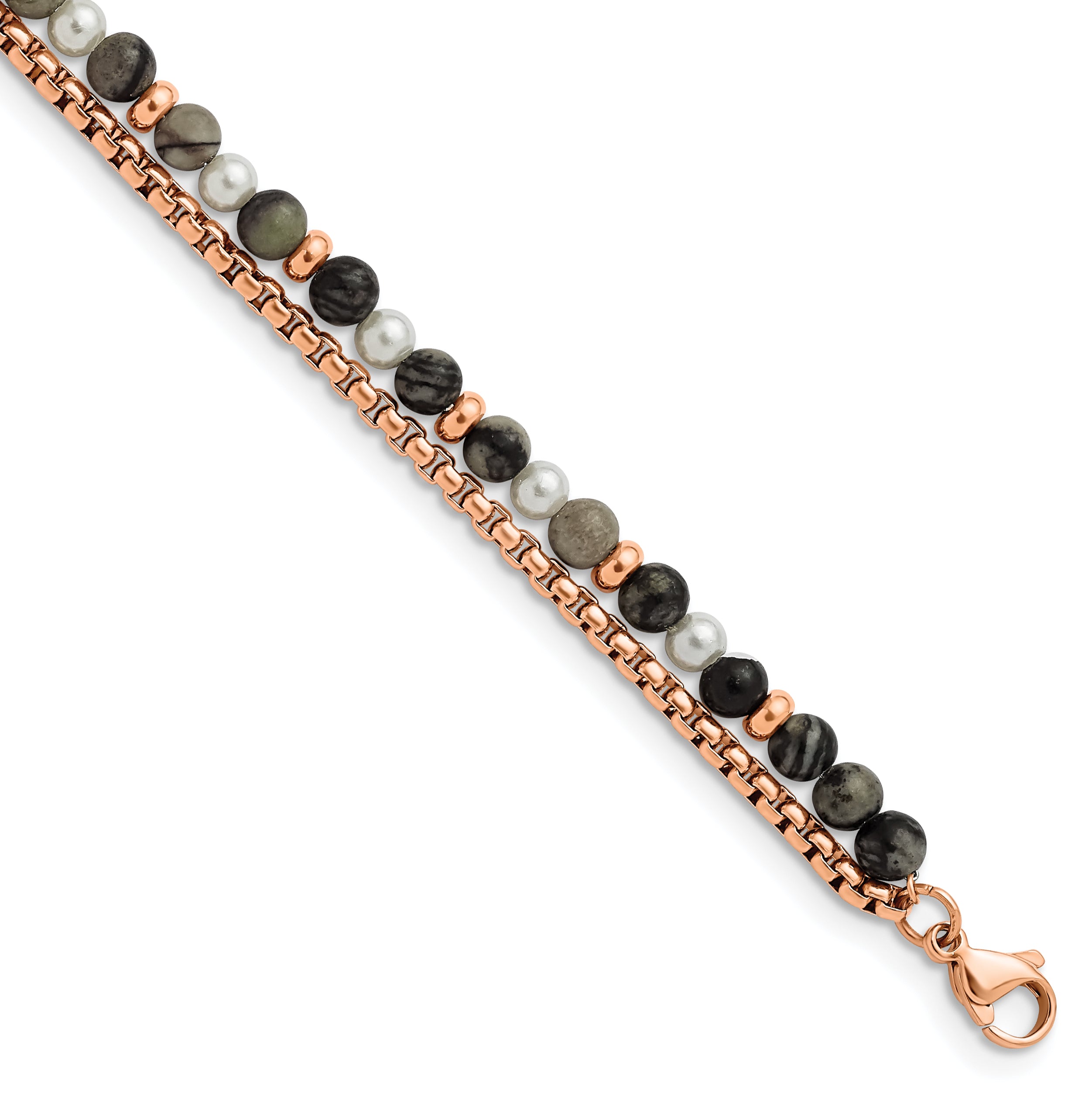 Stainless Steel Polished Rose IP-plated Box Chain and Picasso Jasper Beads Bracelet with Extension for Women Main image