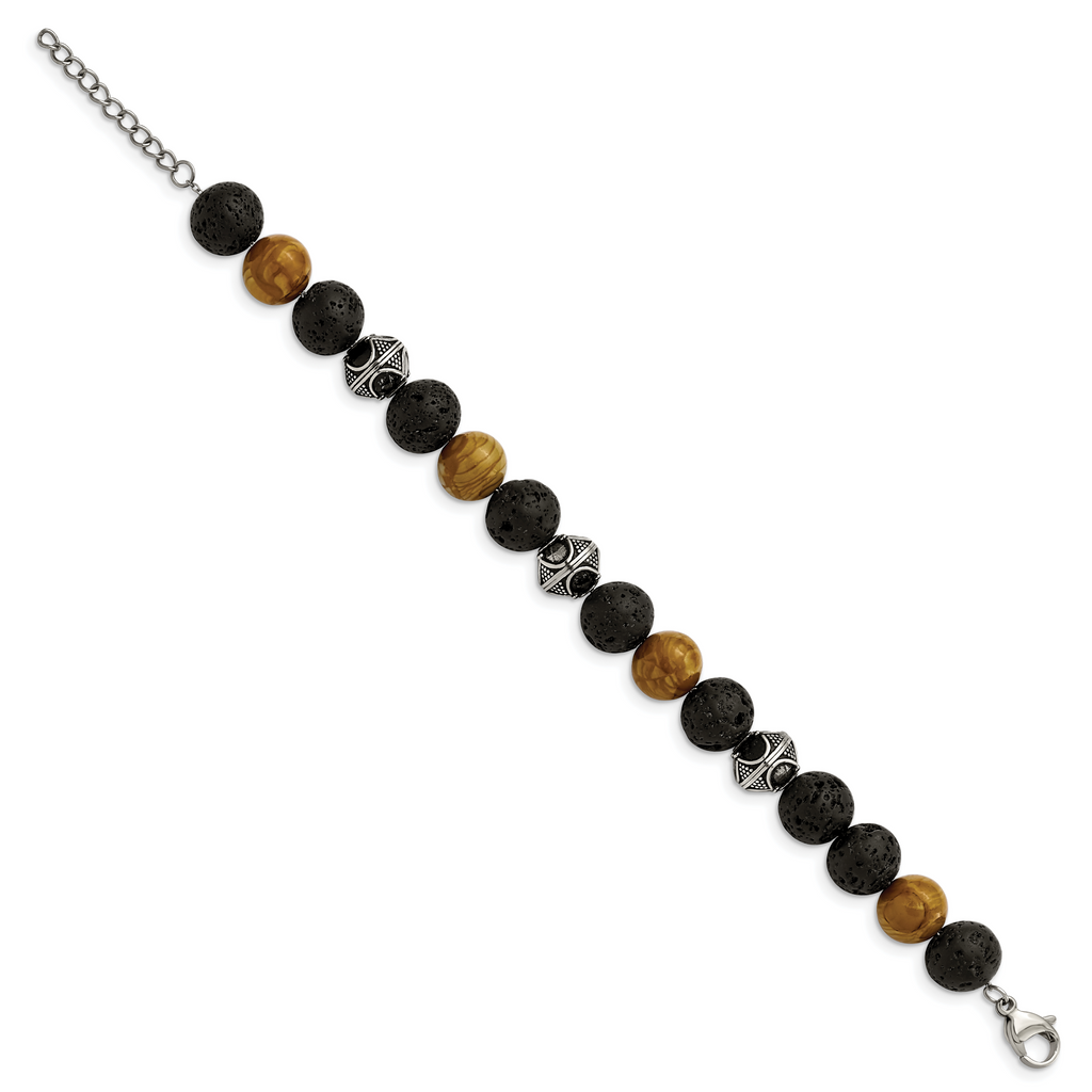 Stainless Steel Antiqued and Polished 9.5-10mm Lava and Red Wood Stone Beads Bracelet with Extension