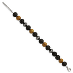 Stainless Steel Antiqued and Polished 9.5-10mm Lava and Red Wood Stone Beads Bracelet with Extension