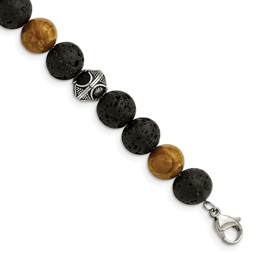 Stainless Steel Antiqued and Polished 9.5-10mm Lava and Red Wood Stone Beads Bracelet with Extension