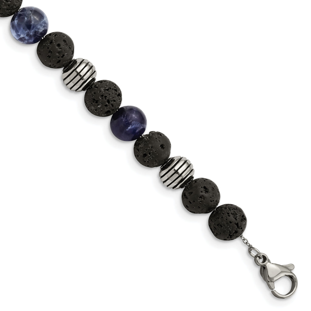 Stainless Steel Antiqued and Polished with Lava Stone and Sodalite Beads Bracelet with Extension