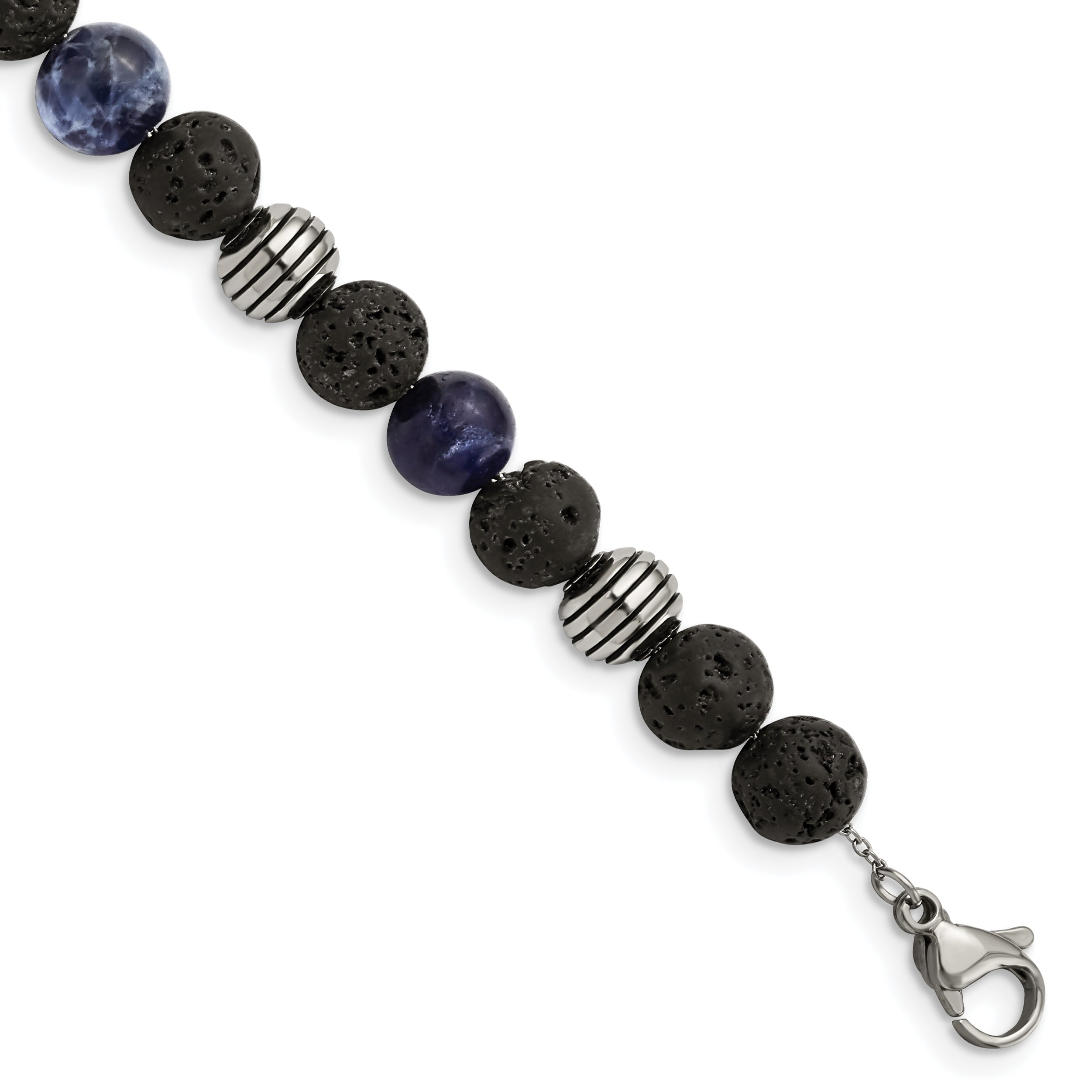 Stainless Steel Antiqued and Polished with Lava Stone and Sodalite Beads Bracelet with Extension