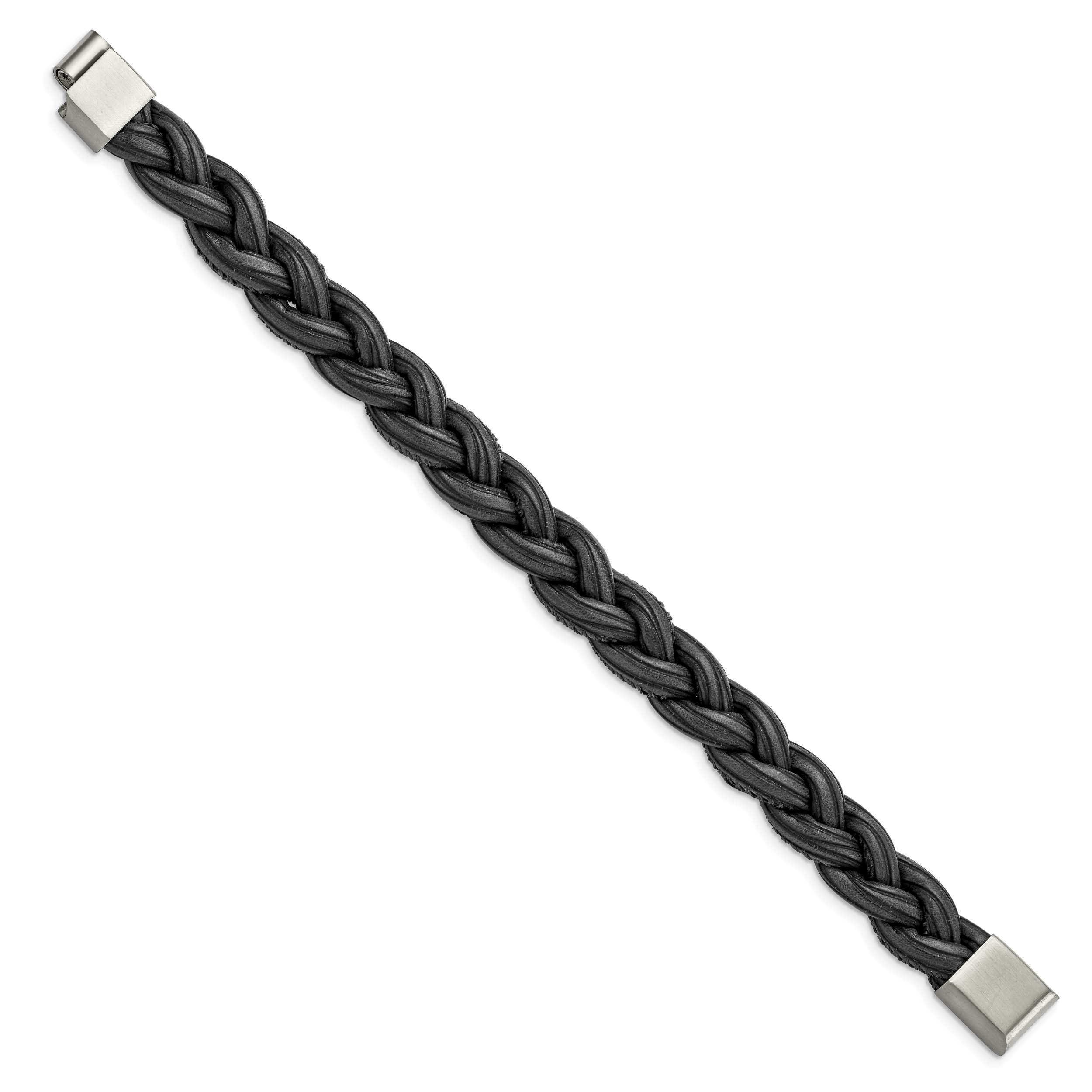 Stainless Steel Brushed Black and Grey Braided Leather Bracelet